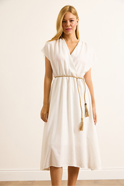 Olalook Women's White Straw Lace Bat Waist Elastic Dress Elb-19002486