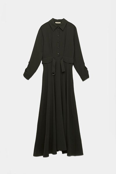 Zühre Button Detailed Pleated Long Anthracite Dress E-0441