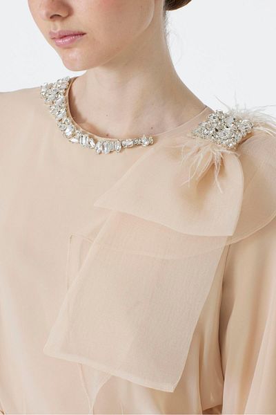 Zühre Beige Chiffon Dress with Stone Collar and Bow Detail E-0288