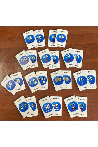 Leelii Tasarım Cute Emotion - Facial Expressions Wooden Memory Matching Cards Turkish - English Memory Game