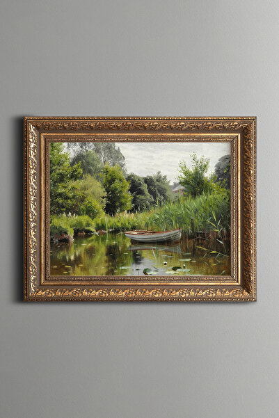 epiqart Forest Lake with a Rowing Boat - Vintage Patterned Frame