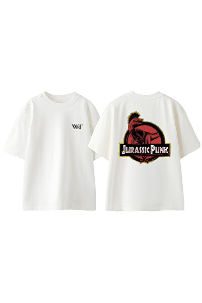 THEWERT Tricou oversize alb din bumbac cu imprimeu Jurassic Punk Design