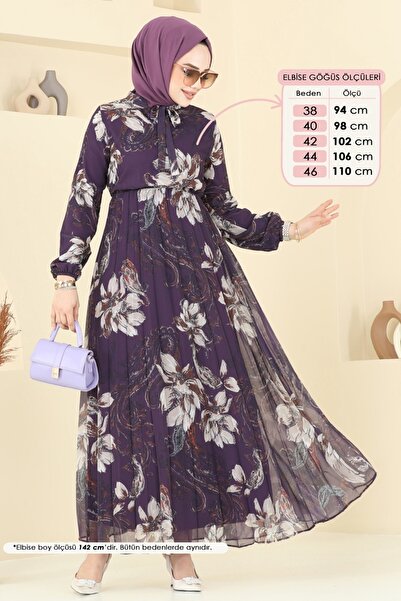 ModaMerve Piliseli Desenli Şifon Elbise 5035ANT466-MS Mor