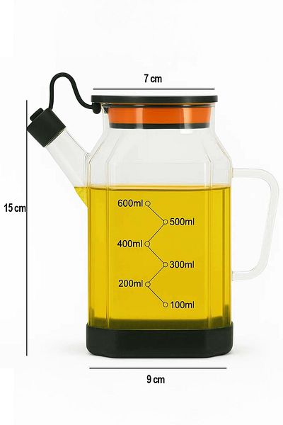 Jenisa Transparent Glass 600 ml Oil Pot Jug Non-Spill & Non-Slip Silicone Based Oil Pot - Black