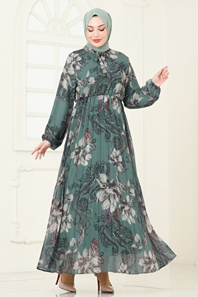 ModaMerve Piliseli Desenli Şifon Elbise 5035ANT466-MS Mint