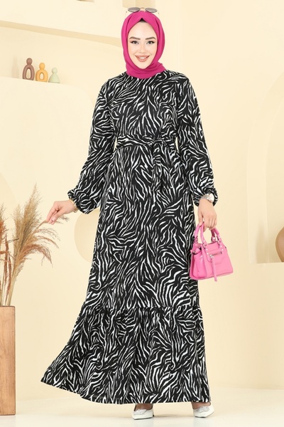 ModaMerve Chain Patterned Helen Dress 4086Pm271-Ms Pattern1 Zebra&Black