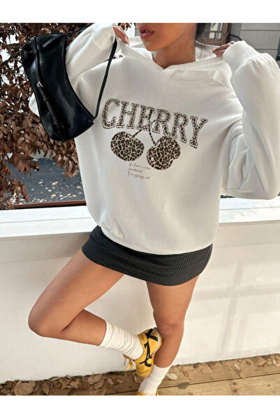 MOONBULL Women's Leopard Cherry Cherry Printed Oversize Hooded Sweatshirt