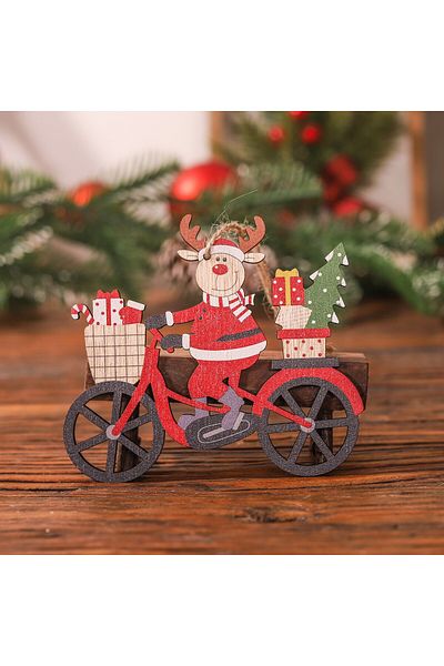 Teo Wooden Christmas Decoration, with String for Hanging on the Tree, Reindeer on a Bicycle Pattern, 10.3x11.5