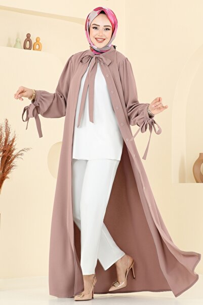 ModaMerve Manşeti Bağcıklı Elbise Ferace 0039BG354-MS Koyu Vizyon