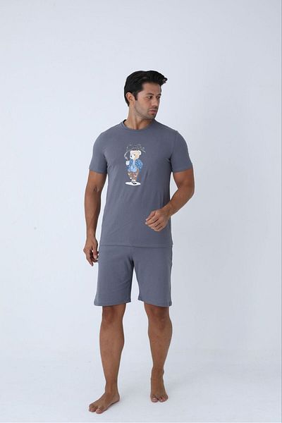 PİJART Anthracite Cotton Knitted Men's Shorts Pajama Set