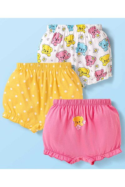 Babyhug 100% Cotton Knit Animal & Polka Dot Printed Bloomers Pack of 3 - Pink White & Yellow