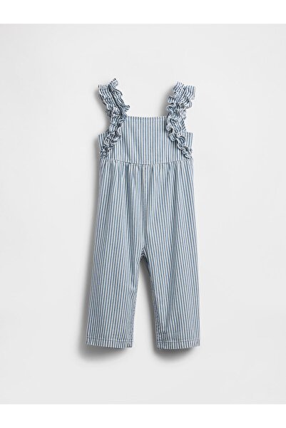 GAP Kız Bebek Çizgili Denim Çizgili Volanlı Tulum
