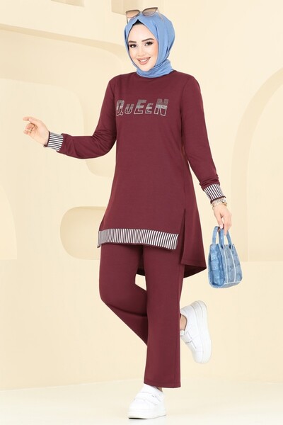 ModaMerve Taş Detaylı Tesettür Takım 2586SL432-MS Bordo