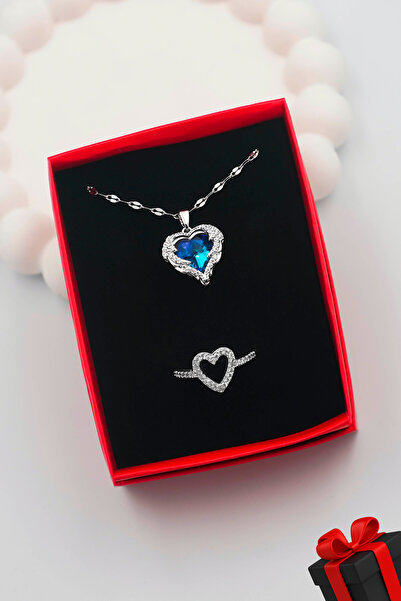 TREND COLLECTİON Kadın Paslanmaz Çelik Gümüş Kalp Kolye ve Yüzük Set (kutu)