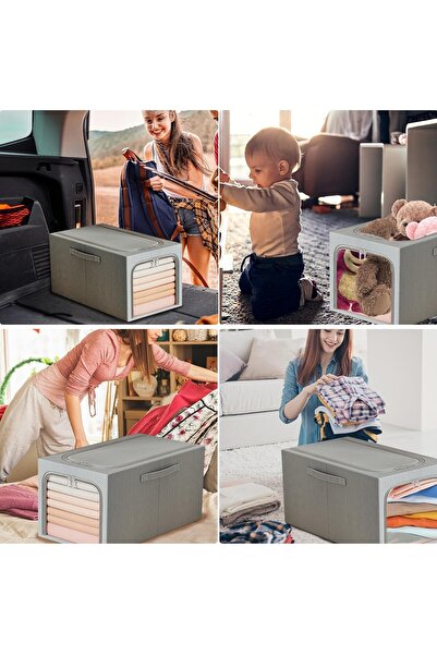 dalip Storage Box, Flippy, 31L, Linen and Cotton, Foldable, Steel Frame, 45 x 30 x 23 cm, Smoky Blue