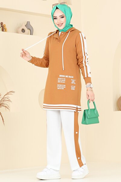 ModaMerve Yazı Baskılı Tesettür Takım 2599SL432-MS Koyu Hardal