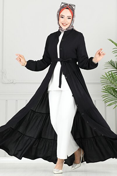 ModaMerve Önden Düğmeli Viskon Elbise 1124BG354-MS Siyah