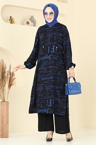 ModaMerve Yazı Detaylı Tesettür Takım 0335BG354-MS İndigo&Siyah