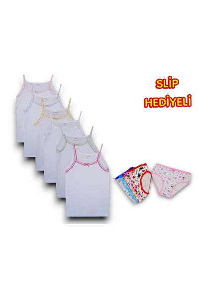 BEYAZTOPTAN 100% Cotton Girl's 6-Pack White Rope Hanging Underwear (6 Pieces of Patterned Slip Gift)