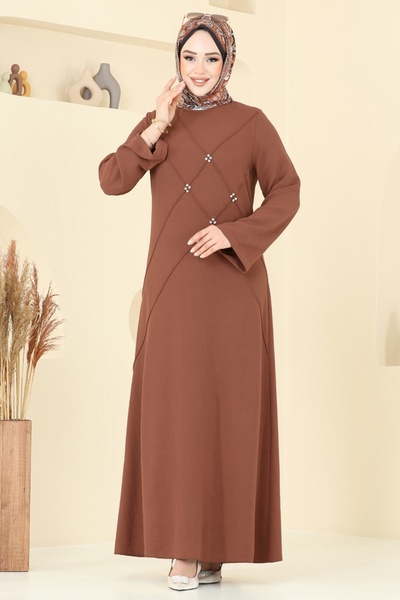 ModaMerve Taş Detay Tesettür Elbise 2650SL432-MS Taba