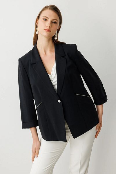 Ekol Stripe Stone Detailed Double Sleeve Jacket Black-4544