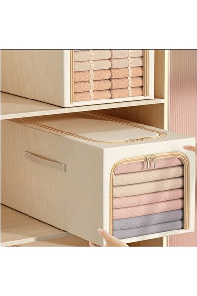 Flippy Storage Box, Flippy, 56L, Cotton and Linen, Foldable, Steel Frame, 53 x 35 x 30 cm, Khaki