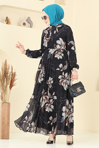 ModaMerve Piliseli Desenli Şifon Elbise 5035ANT466-MS Siyah