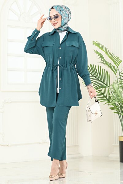 ModaMerve Beli Bağcıklı Tesettür Takım 1971TRT545-MS Petrol