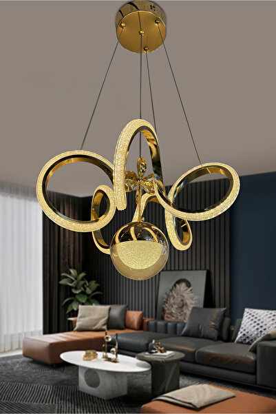 RSCOLLECTIONS Kıvrım Tekli Fanus Top Simli Slikonlu Modern Oturma Led Avizesi Kumandasız Gold