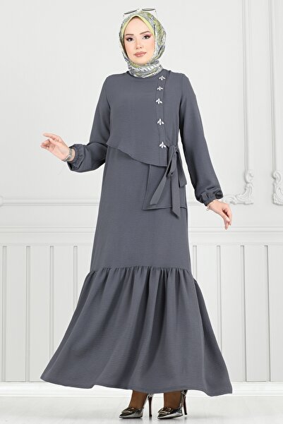ModaMerve Front Stone Hijab Dress 2680Sl432-Ms Anthracite