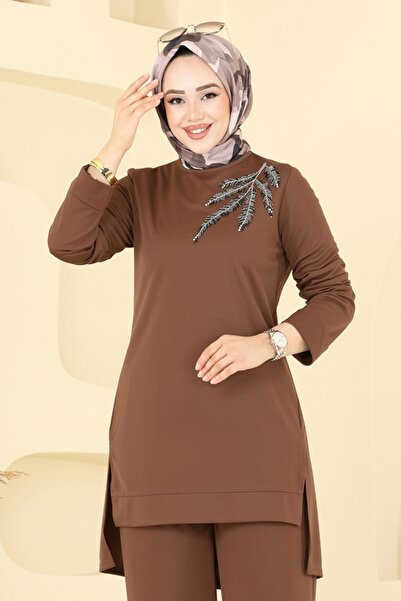 ModaMerve Boncuk İşlemeli Tesettür Takım 2672SL432-MS Kahve