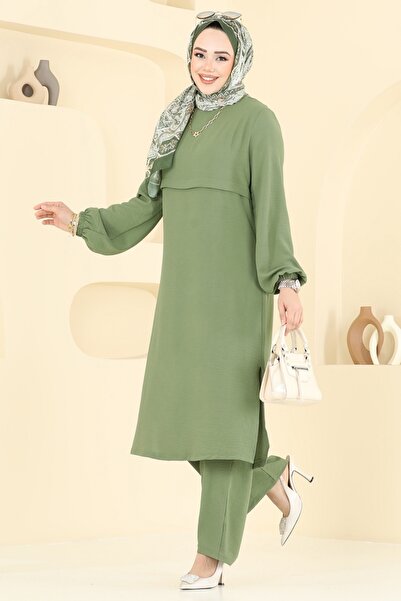 ModaMerve Manşeti Lastikli Tesettür Takım 2625SL432-MS Çağla