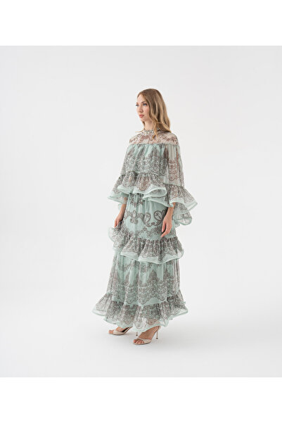 SERPİL Şifon Kumaş Rahat Kalıp Çiçek Desenli Katlı Etek