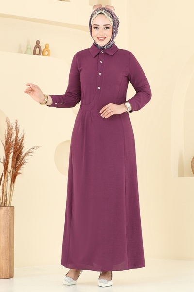 ModaMerve Half Button Aerobin Dress 3654Mh427-Ms Plum