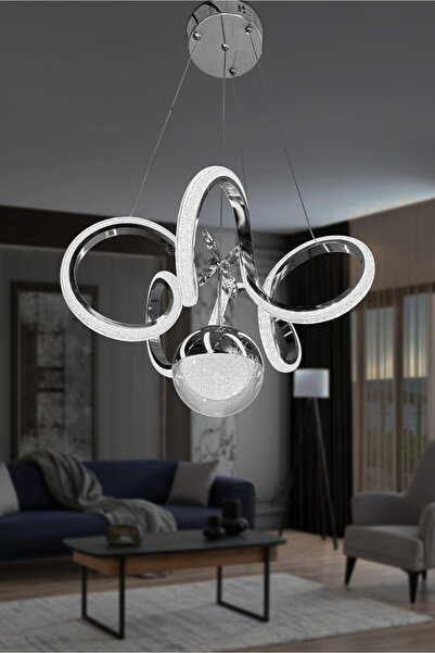 RSCOLLECTIONS Kıvrım Tekli Fanus Top Simli Slikonlu Modern Oturma Led Avizesi Kumandalı Krom