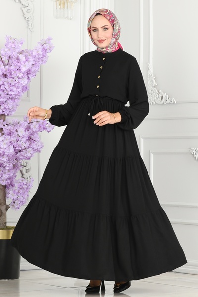 ModaMerve Beli Tünelli Viskon Elbise 1126BG354-MS Siyah