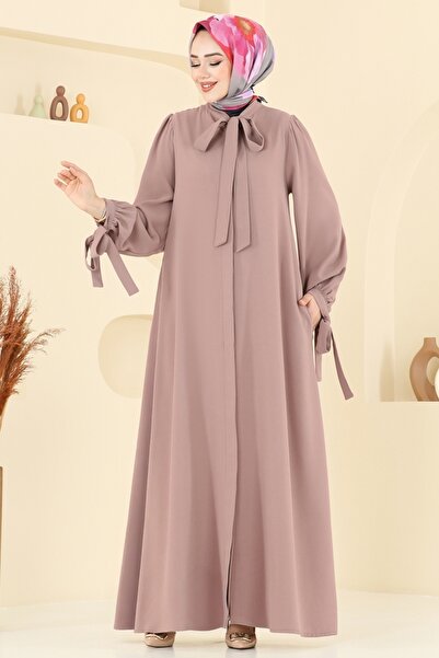 ModaMerve Manşeti Bağcıklı Elbise Ferace 0039BG354-MS Koyu Vizyon