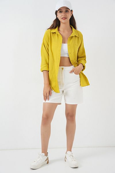 Bigdart Women's Single Pocket Oversize Muslin Shirt 20353 - Mustard