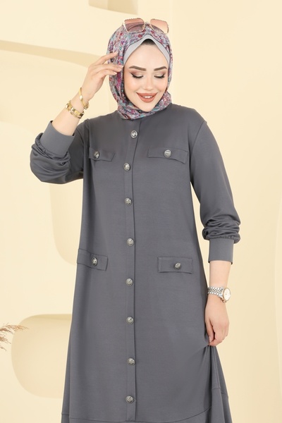 ModaMerve Aksesuar Cepli Tesettür Elbise 3315UZ662-MS Gri