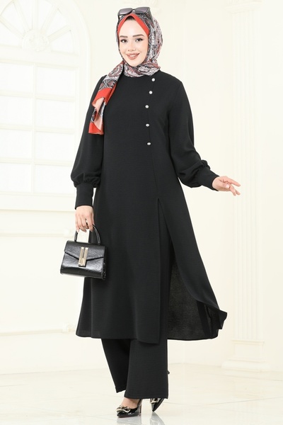 ModaMerve Önden Yırtmaçlı Tesettür Takım 2664SL432-MS Siyah