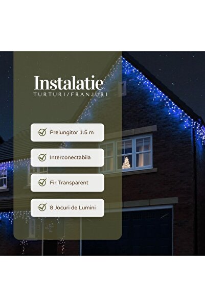 Teo Instalatie Craciun Yoto, Tip Franjuri/Turturi, 12 m, 300 LED-uri, Prelungitor 1.5 m, 8 Jocuri de Lum