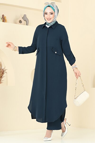 ModaMerve Yandan Yırtmaçlı Tesettür Takım 2631SL432-MS Petrol