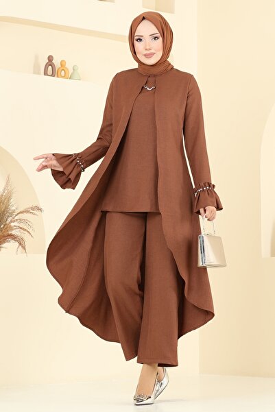 ModaMerve Manşeti Fırfırlı Sofia Takım 2702SL432-MS Kahve
