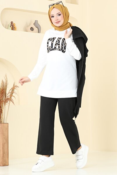 ModaMerve Leopar Detaylı Üçlü Takım 2619SL432-MS Ekru&Siyah