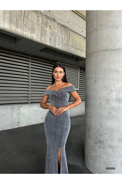 Modafeminen Slit Stone Flowers Dress Gray 583305