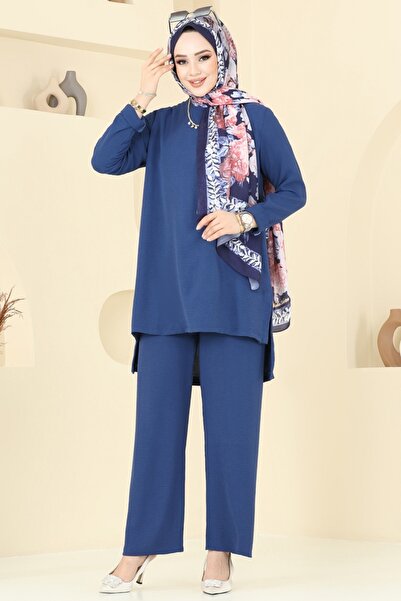 ModaMerve Yandan Yırtmaçlı Tesettür Takım 0047UZ662-MS İndigo