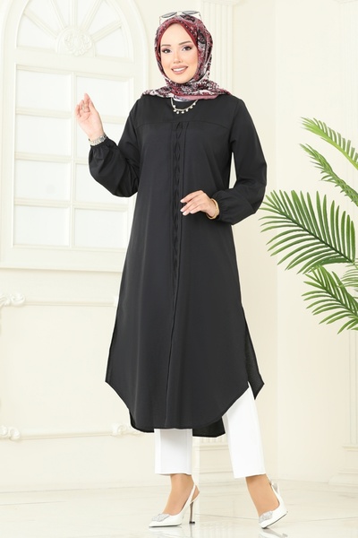 ModaMerve Yandan Yırtmaçlı Terikoton Tunik 4109PM271-MS Siyah