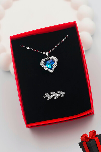 TREND COLLECTİON Kadın Paslanmaz Çelik Okyanus Kalp Kolye ve Yüzük Seti (kutu...