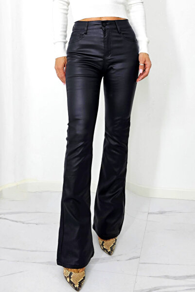 FashionForYou Pantaloni evazati cu push-up Roger, din piele ecologica, cu buzunare, Negru