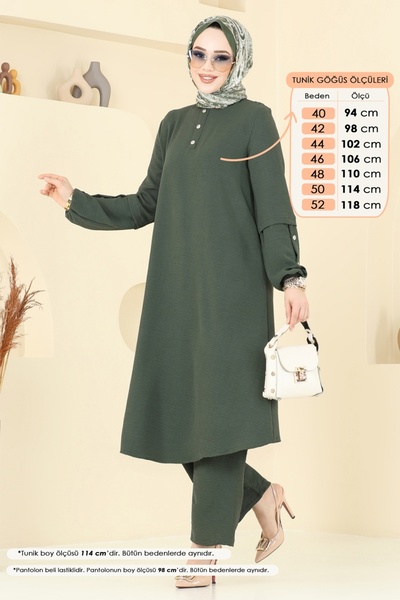 ModaMerve Aksesuar Düğmeli Tesettür Takım 4012MH427-MS Haki